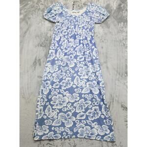 Vintage 90s Styleworks Dress Size M Blue White Floral Midi Puff Short Sleeves